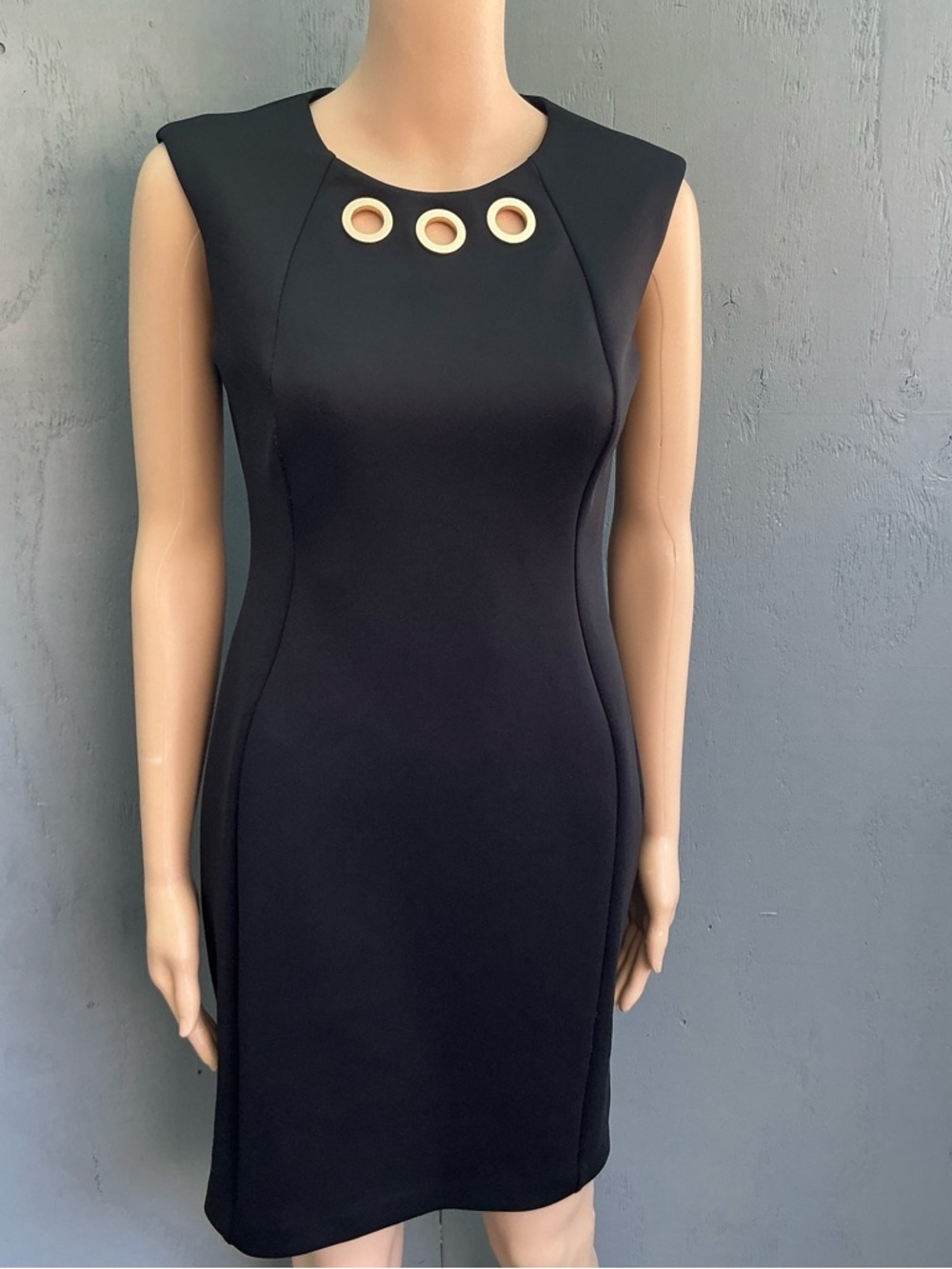 Women’s Calvin Klein Gold Chain Detail Midi Knee Length Black Sheath Dres Size8P